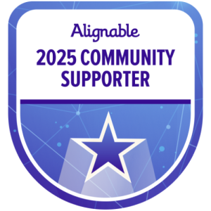 Alignable Community Supporter badge featuring a graphic of interconnected circles and hands, symbolizing collaboration and support within local business communities.